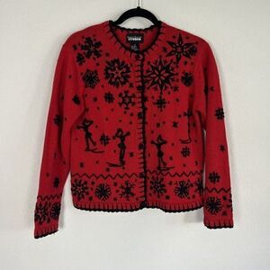 Designers Originals Studio Red & Black Embroidered Christmas Sweater Ice Skater